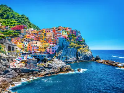 Beautiful colorful cityscape on the mountains over Mediterranean sea, Europe, Cinque Terre, traditional Italian architecture
