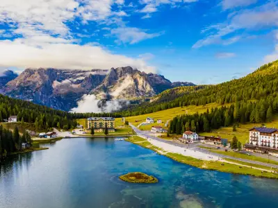 Tre Cime di Lavaredo peaks seen from Misurina lake in Dolomites, Italy in winter, Belluno-Trentino Alto Adige border. Misurina lake, Tre Cime di Lavaredo, Auronzo, Dolomiti, South Tyrol, Italy.