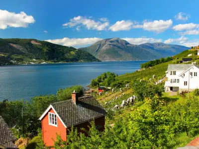 Fruit gardens on coasts of the Hardanger fjord, Hordaland county, Norway.